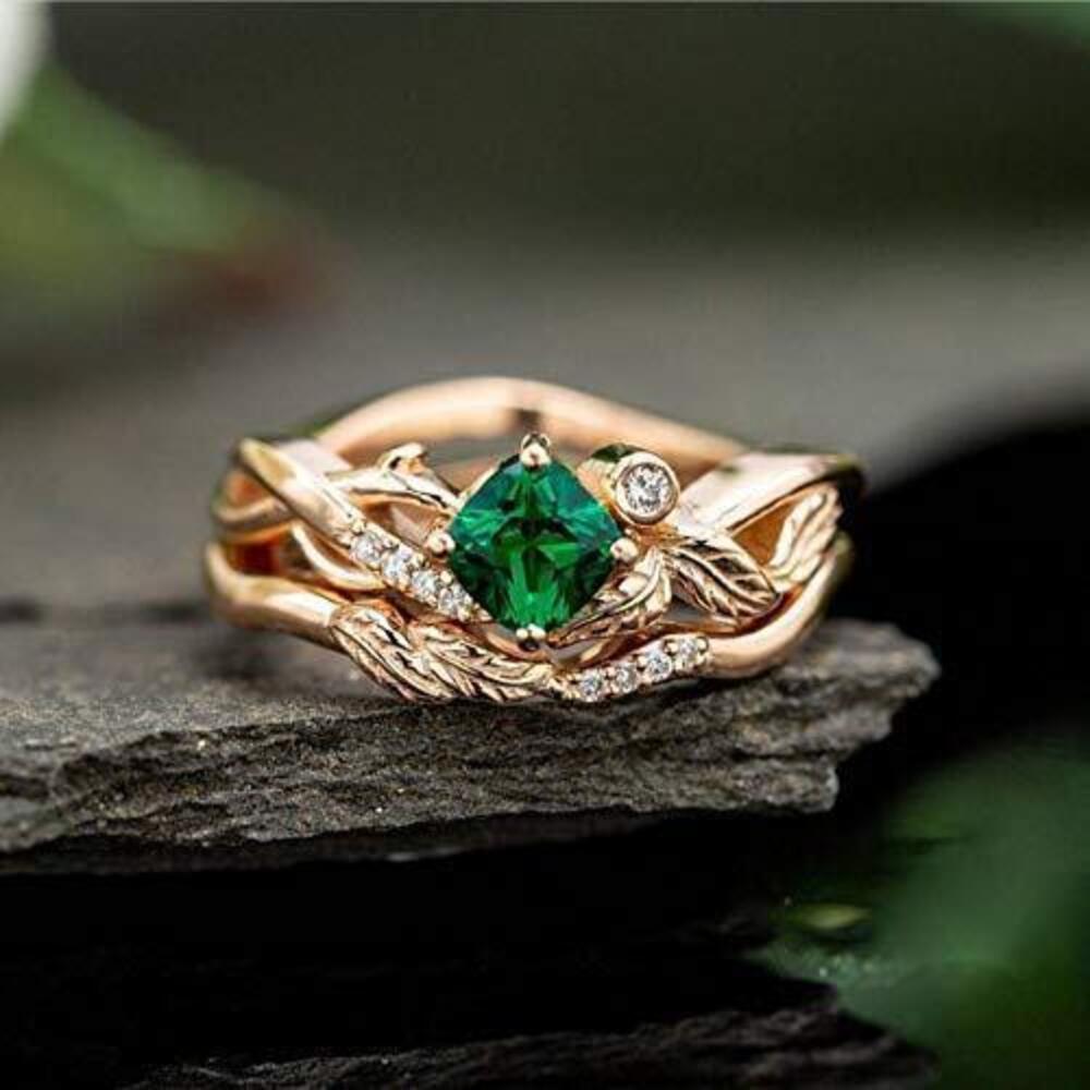 8473 Fashion Gold Leaf CZ Stone Ring , Emerald Gemstone Diamond Dainty Gold